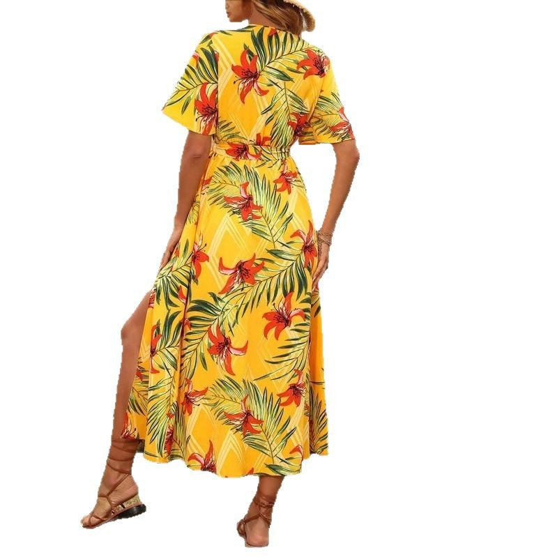 Maxi wrap dress for women with floral print and high slit Lune London