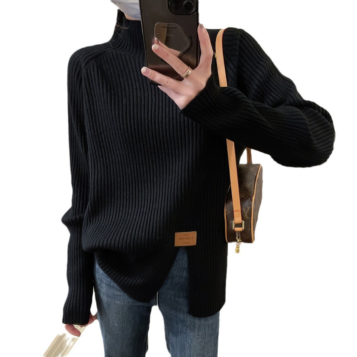 Ladies Modern Knit Sweater with High Collar and Chic Asymmetrical Cut