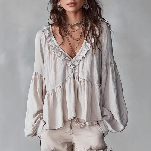 Women's Flowing Top with Ruffled Details and V-Neck Lune London