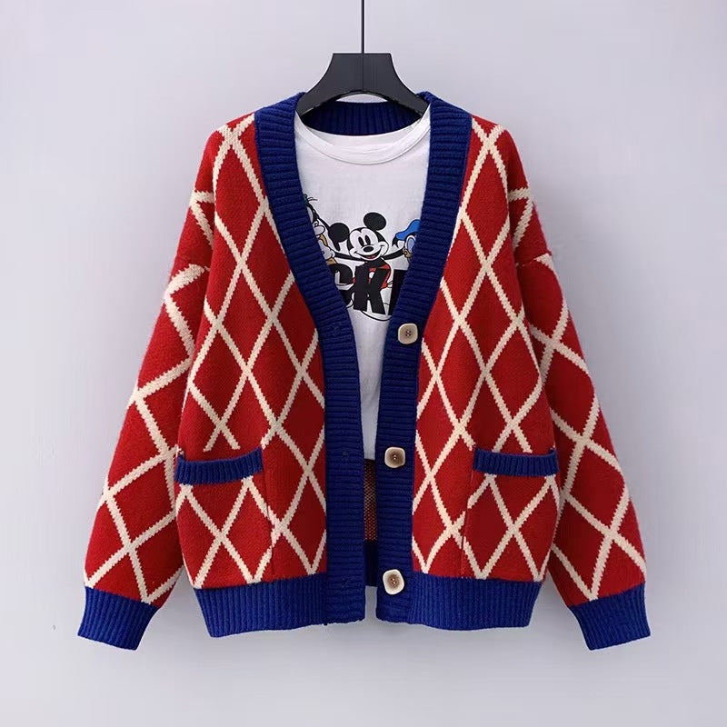 Ladies chunky knit checked pattern cardigan Lune London