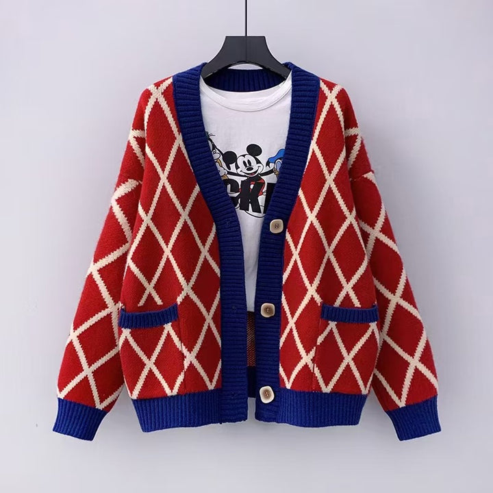 Ladies chunky knit checked pattern cardigan Lune London
