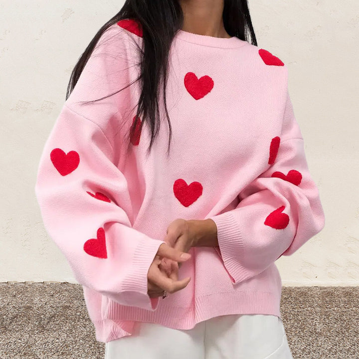 Ladies Comfortable Sweater with Chic Heart Pattern and Style