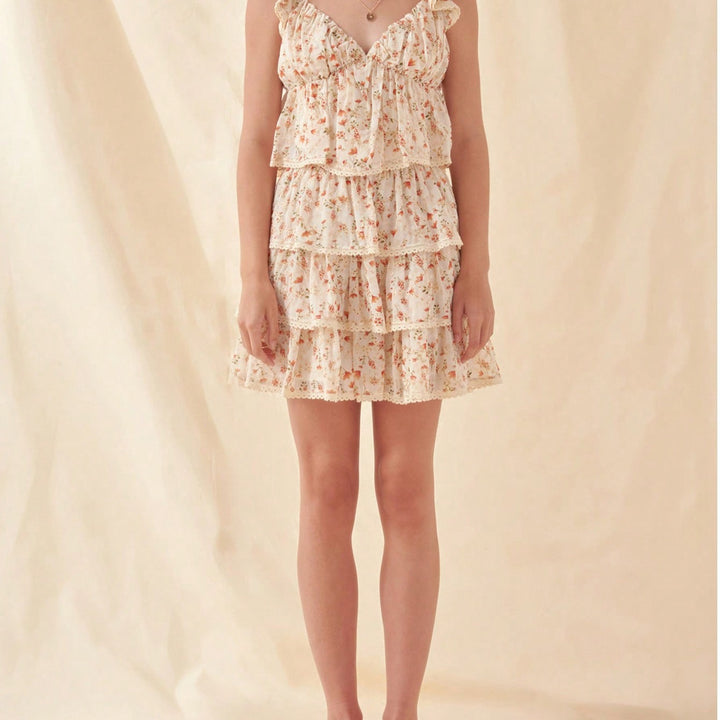 Flared mini skirt for women with floral ruffle details Lune London