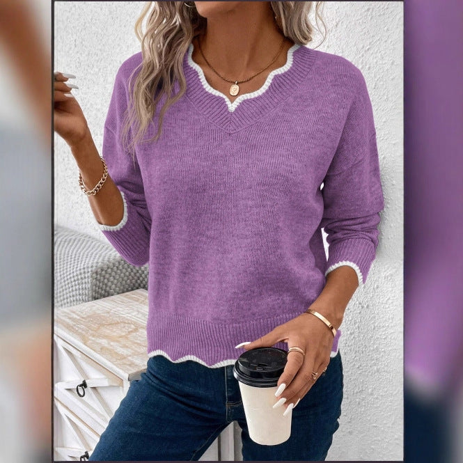 Pull décontracté pour femmes à col en V avec ourlet festonné Chic & Stil