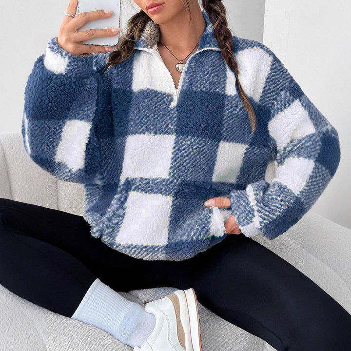 Ladies Plush Tartan Sweater with Half Zip Lune London
