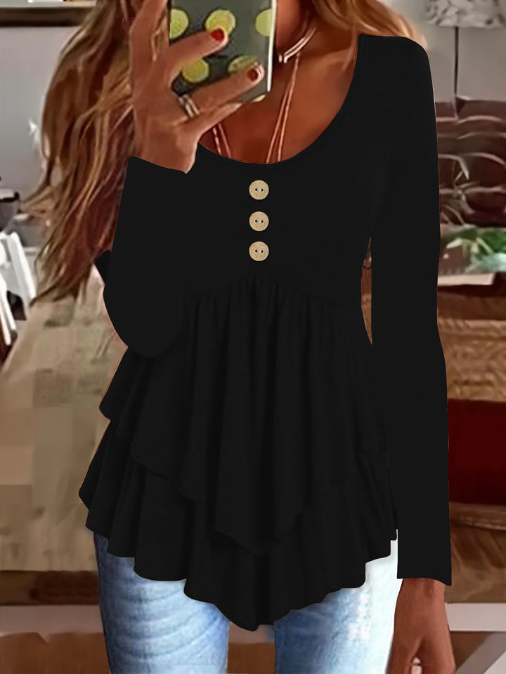 Long sleeve women's blouse with layered design and decorative button details Lune London