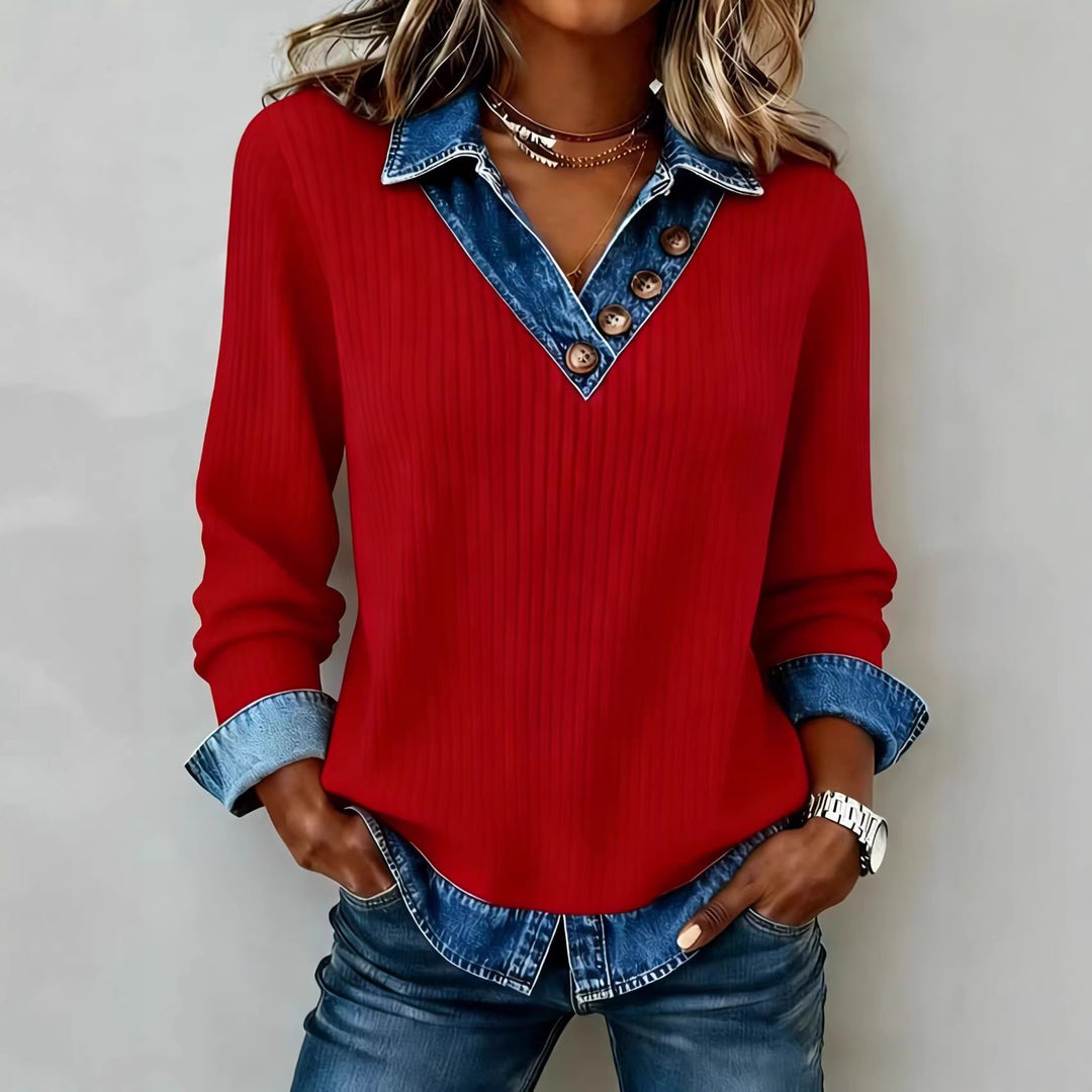 Ladies Elegant Knit Shirt with Denim Collar and Button Details Lune London