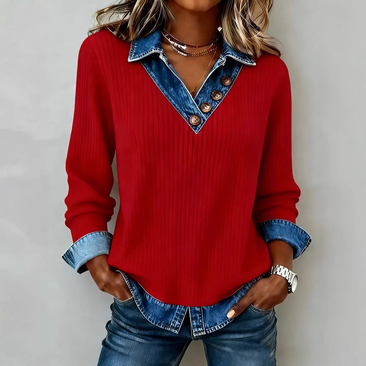 Ladies Elegant Knit Shirt with Denim Collar and Button Details Lune London