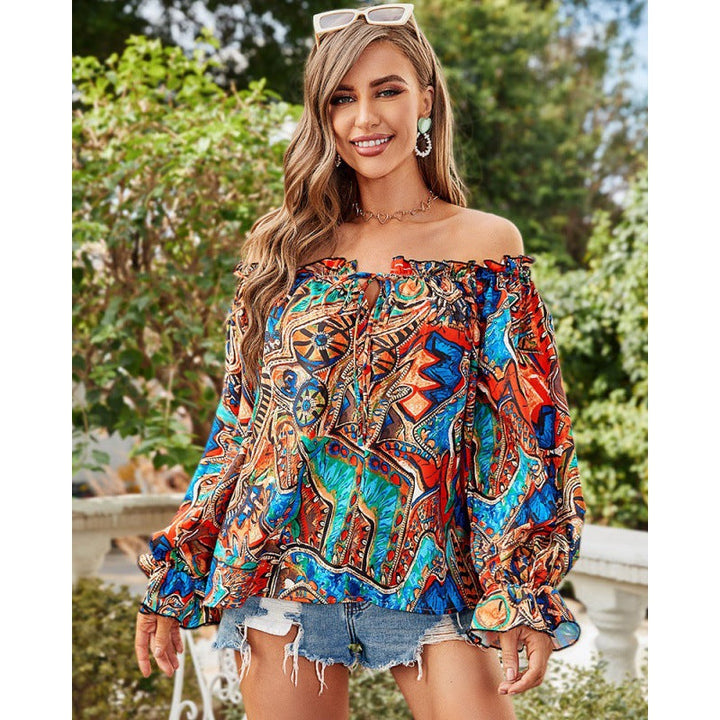 Ladies Off-Shoulder Blouse with Colorful Pattern and Elastic Hem Lune London