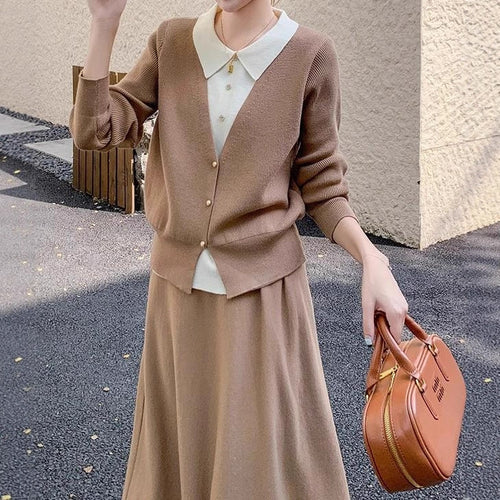 Women’s knit set with an elegant blouse look and a flowy skirt Lune London