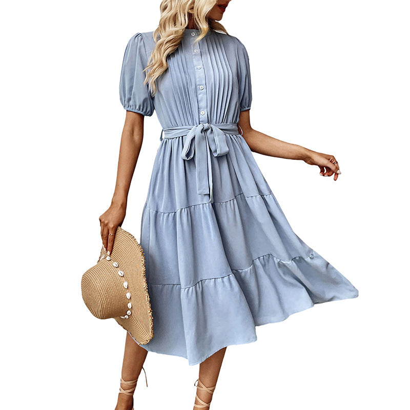 Women Pleated Midi Dress with Chic Waist Belt and Style