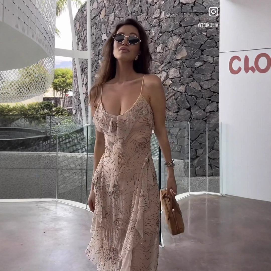 Midi dress for women with a floral design, ruffles, and delicate glitter Lune London