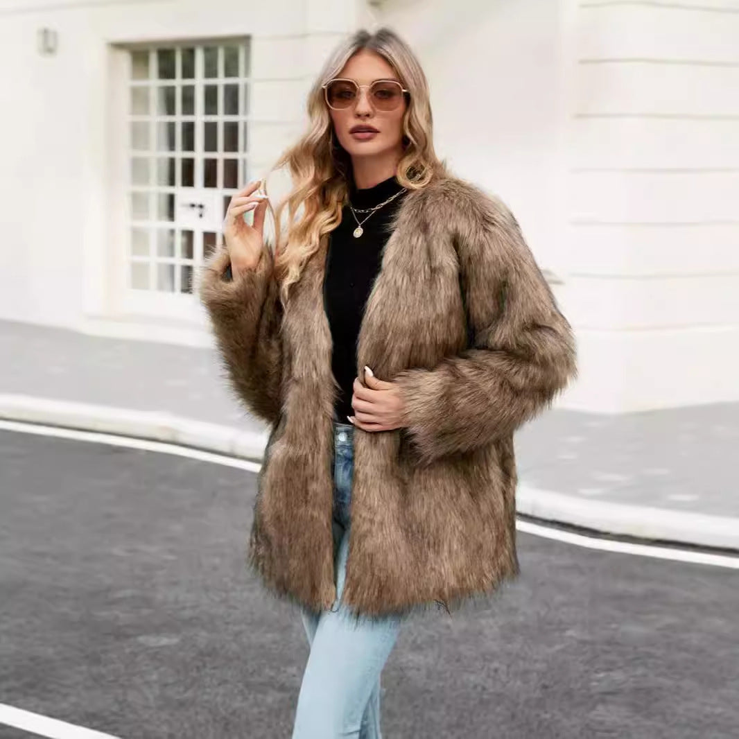 Ladies Luxury Faux Fur Coat with Open Collar Lune London