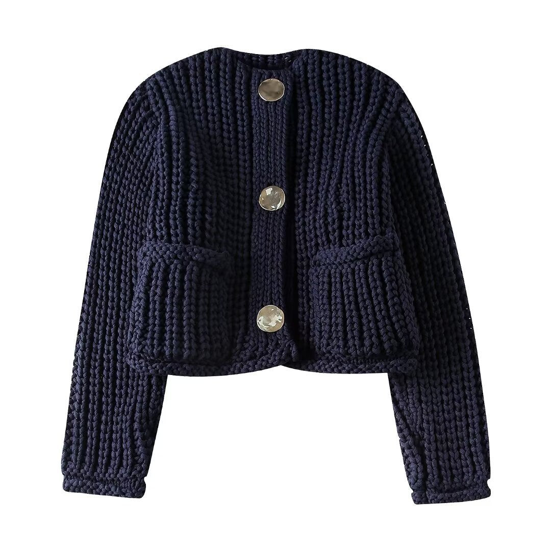 Ladies Sweatshirt in Knit with Large Buttons and Patch Pockets Lune London