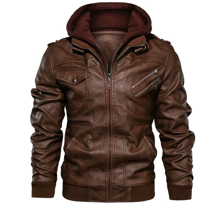 Casual synthetic leather jacket for men with removable hood and multiple pockets Lune London