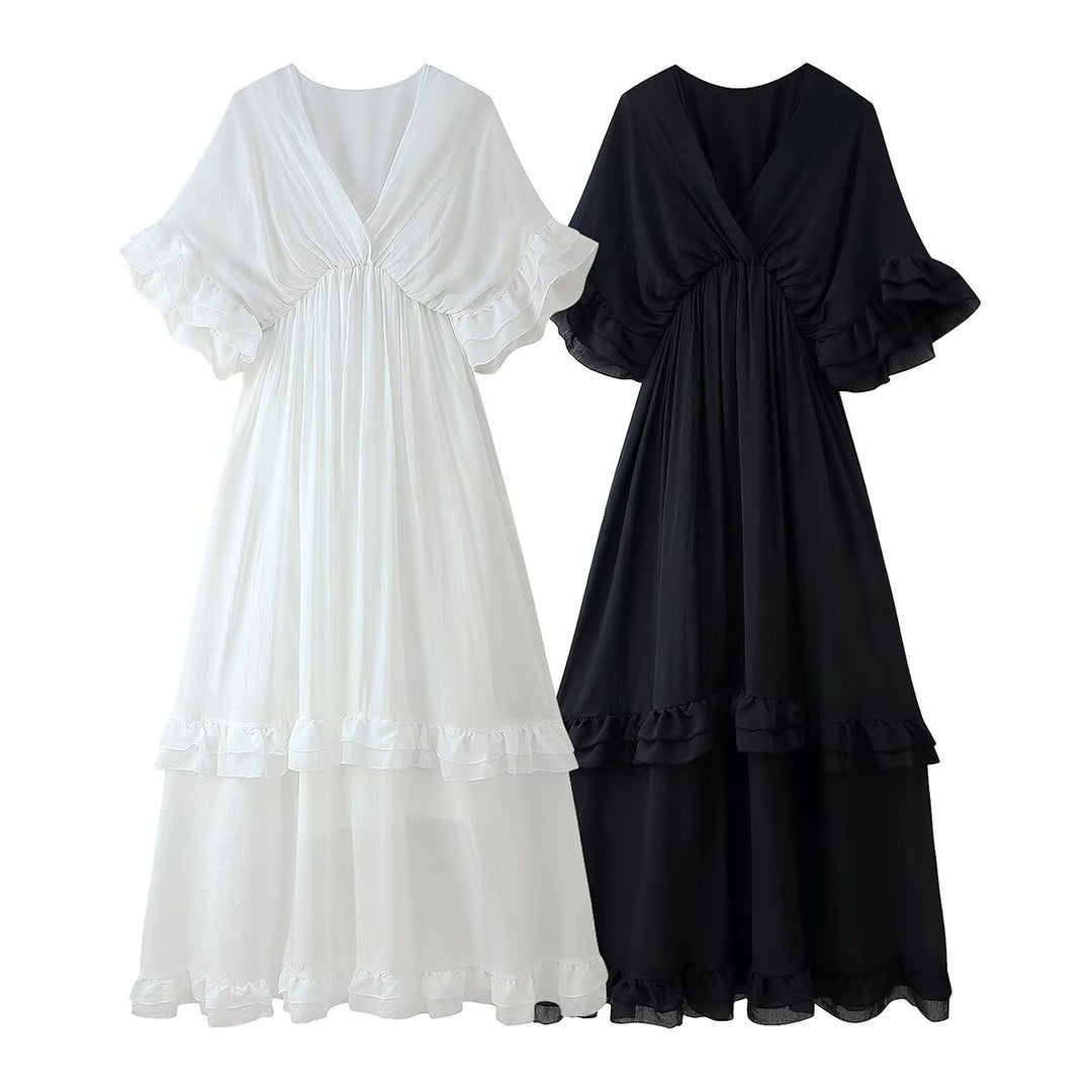 Maxi dress for women with voluminous ruffle details and an elegant V-neck Lune London