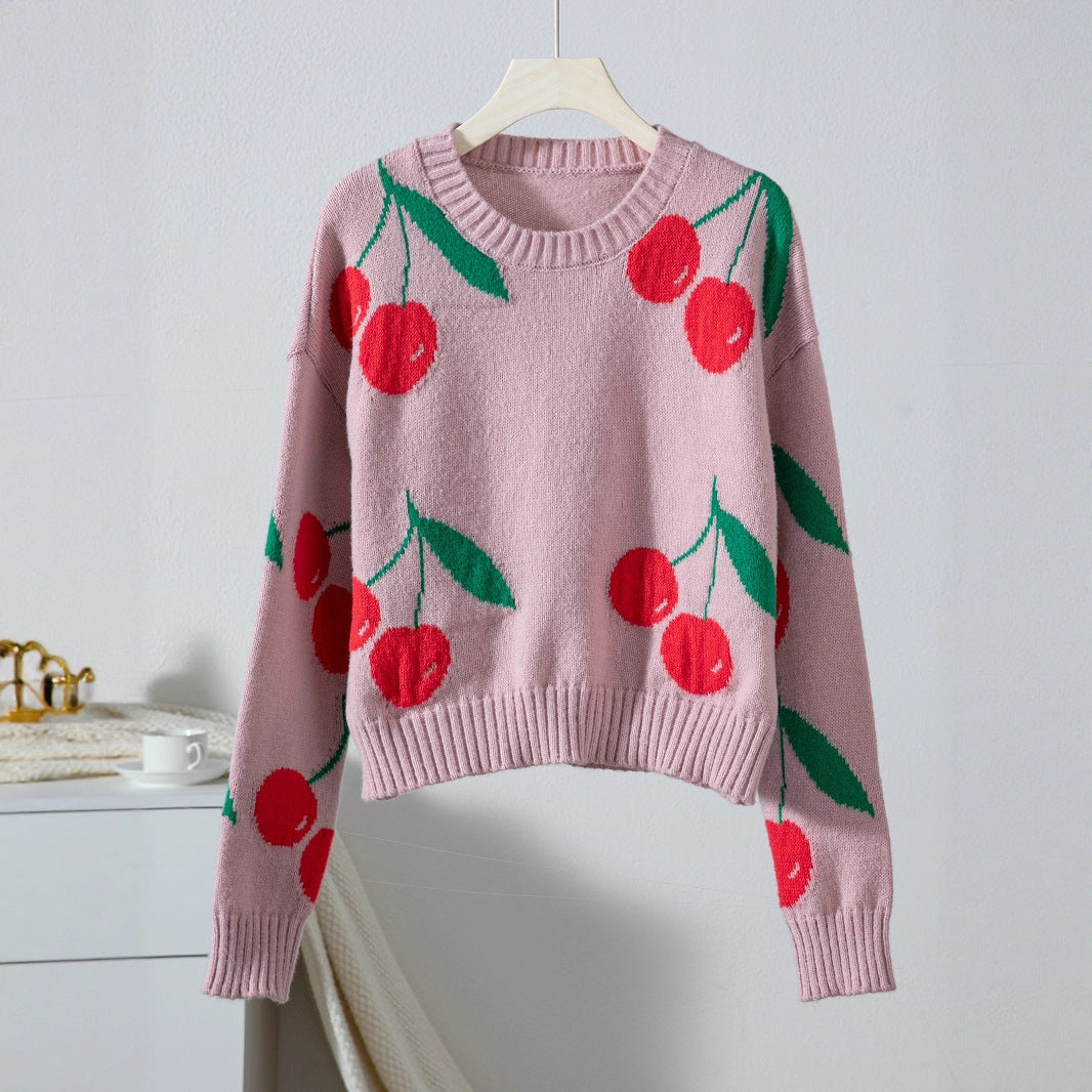 Casual sweater for women with fruity cherry pattern and soft knit Lune London