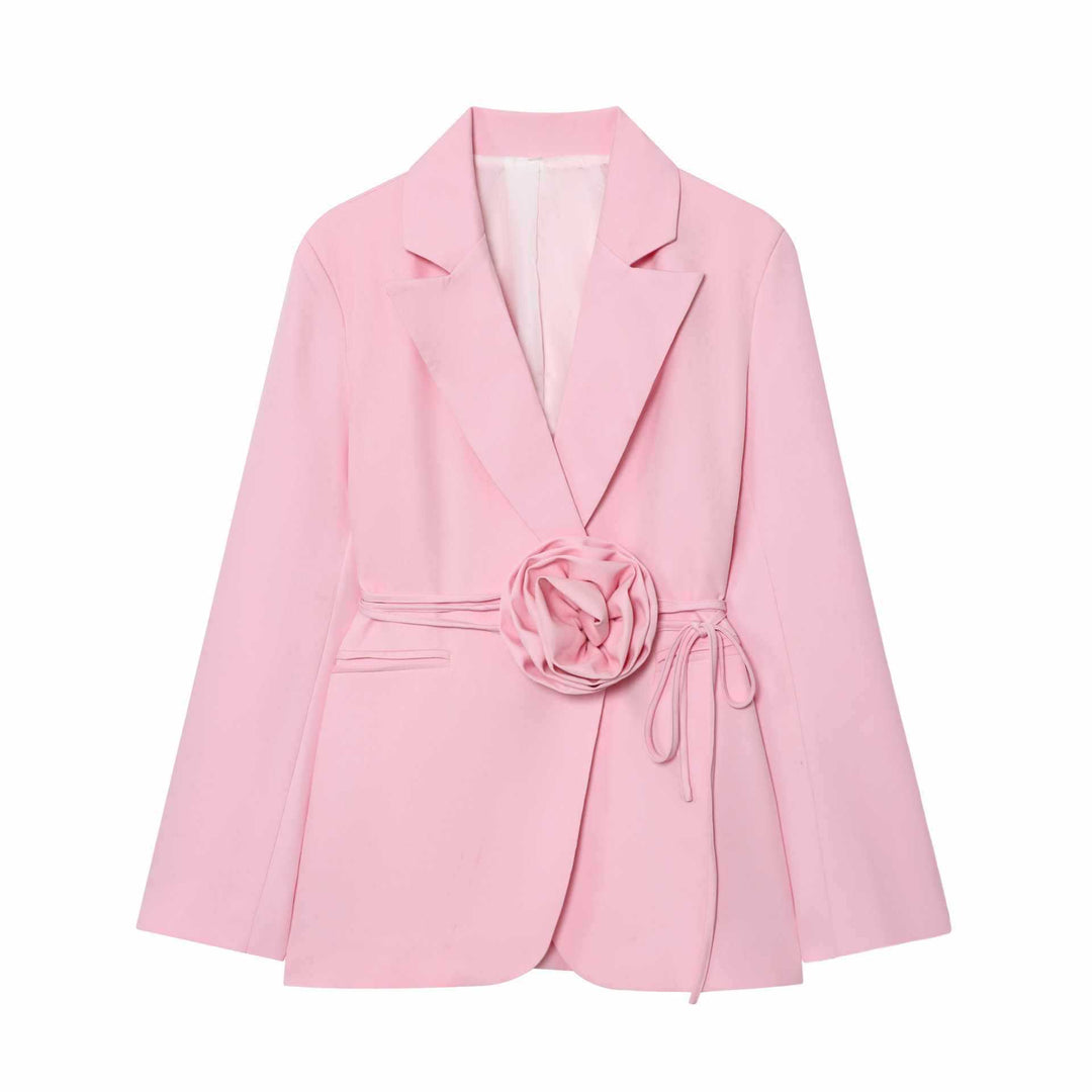 Ladies elegant blazer with attached decorative belt and floral accents Lune London