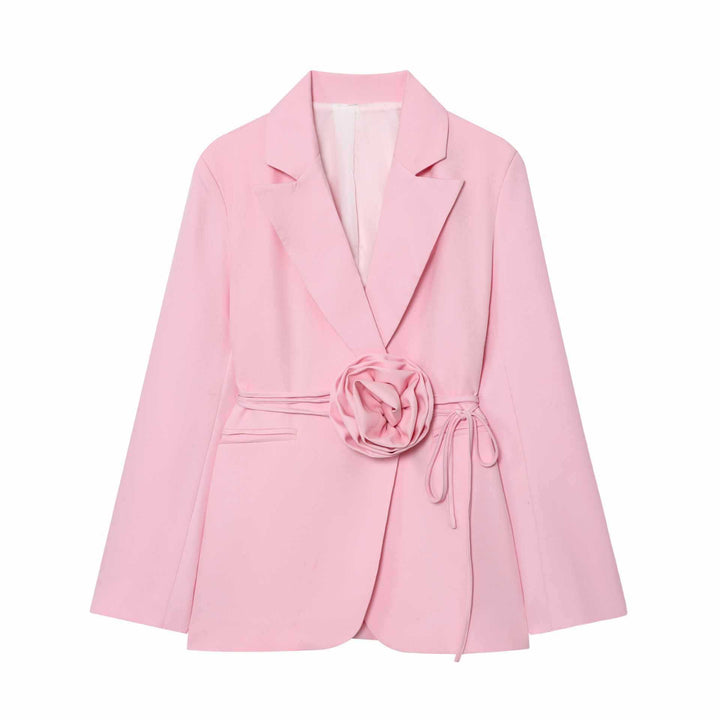 Ladies elegant blazer with attached decorative belt and floral accents Lune London