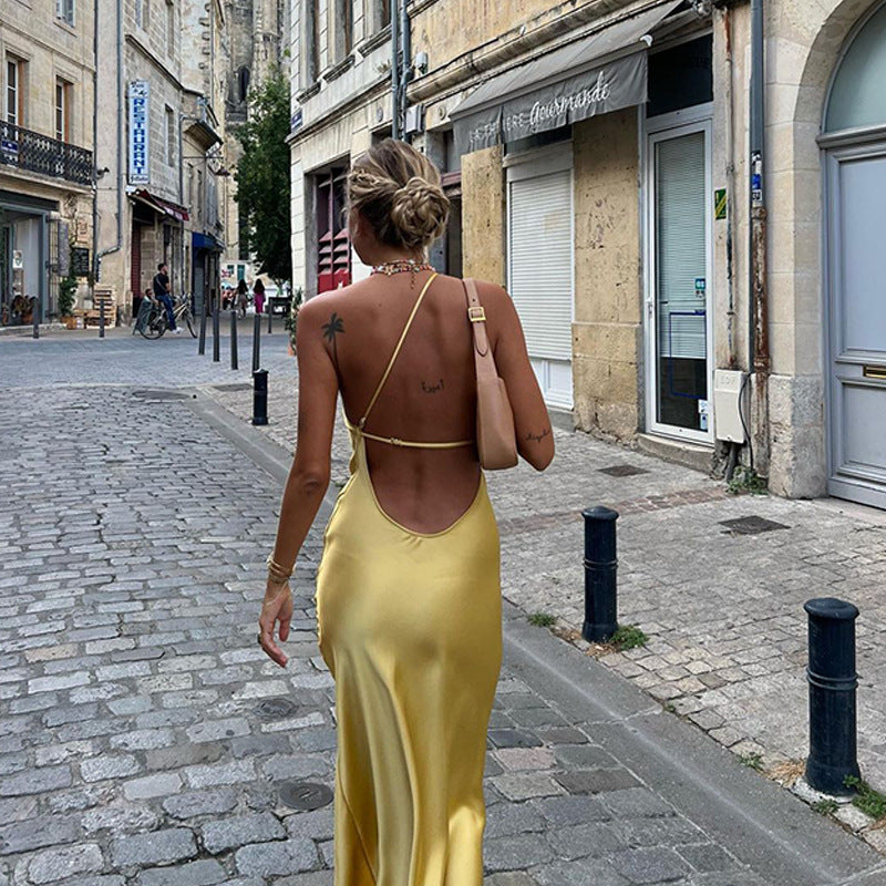 Maxi dress for ladies with asymmetric neckline and high slit Lune London