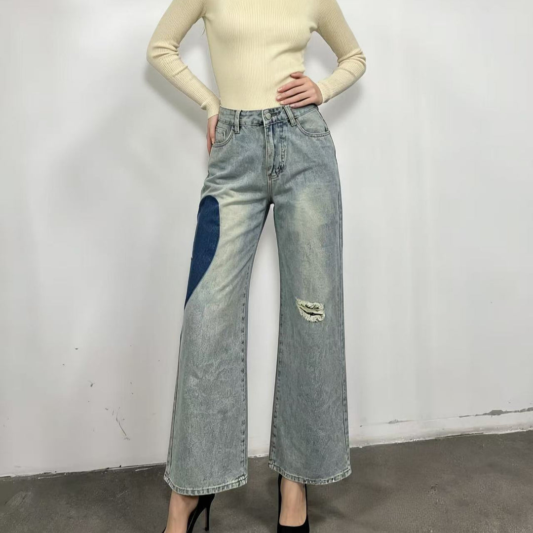Women wide-cut denim jeans with unique color accents Lune London