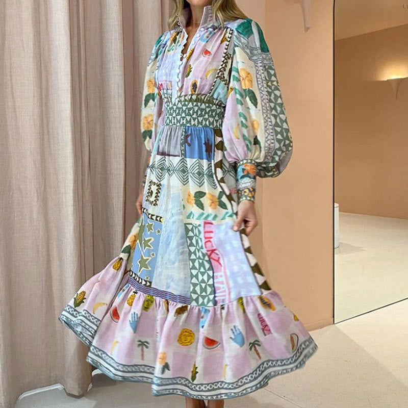 Robe maxi longue pour femme avec motif patchwork coloré et manches volumineuses Chic & Stil