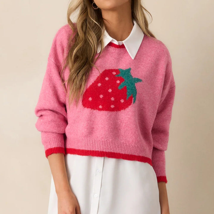 Trendy sweater for women with strawberry pattern and contrasting cuffs Lune London