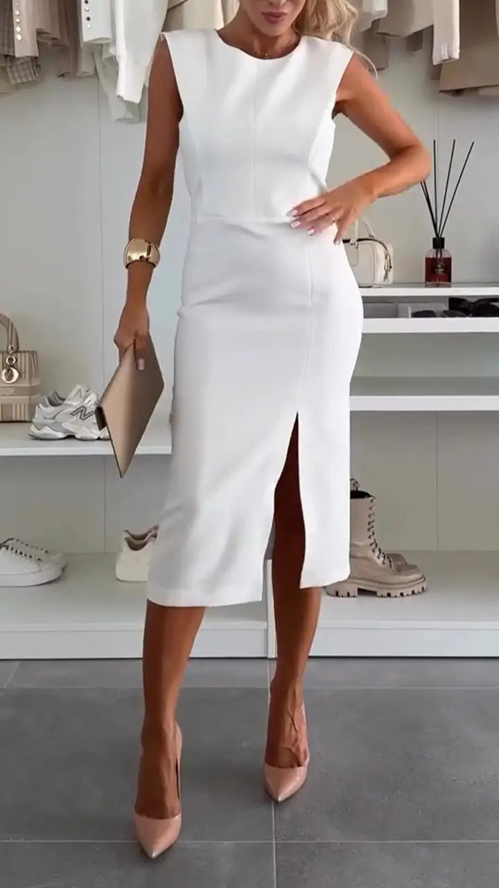 Lune London | Elegant Slit Gathered O-Neck Wrapped Dress - 3 Colors