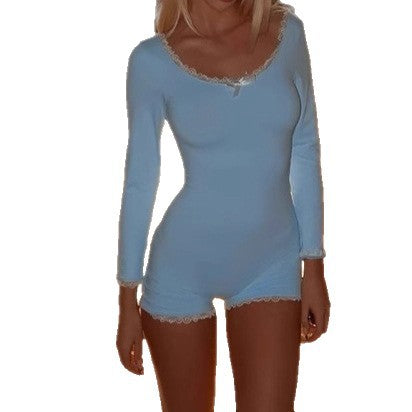 Ladies short-sleeve bodysuit with lace embellishments and round neckline Lune London