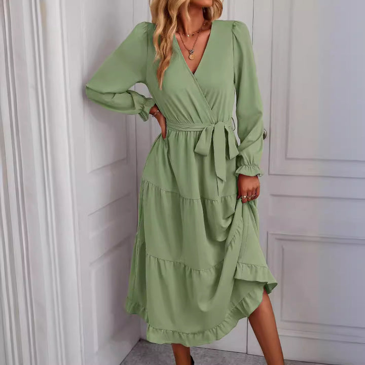 Elegant wrap dress for women with ruffle details and belt at the waist Lune London