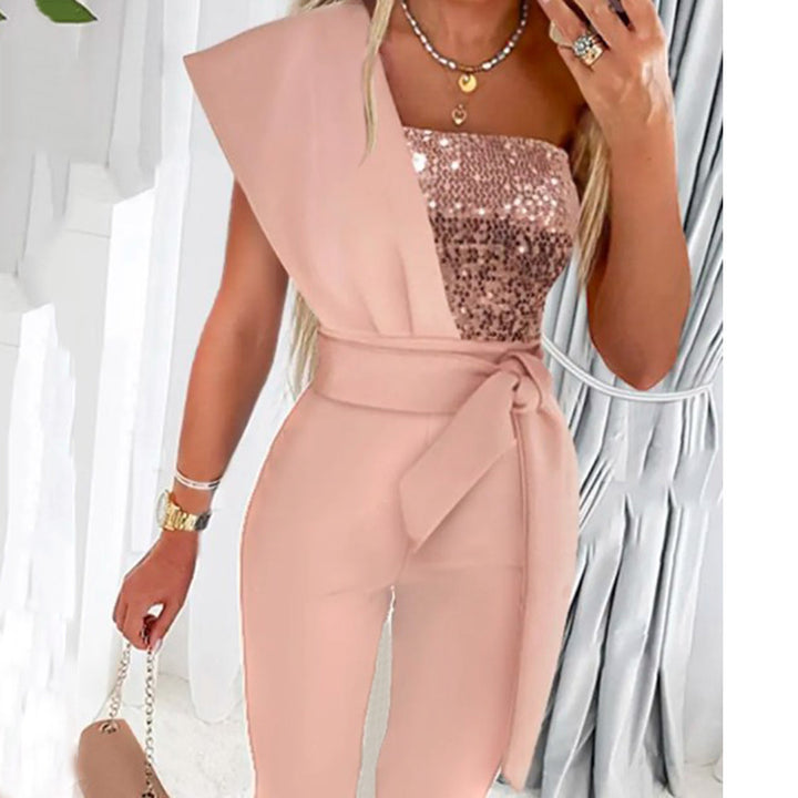 One-shoulder jumpsuit for women with a sparkling top and a chic waist belt und Stil