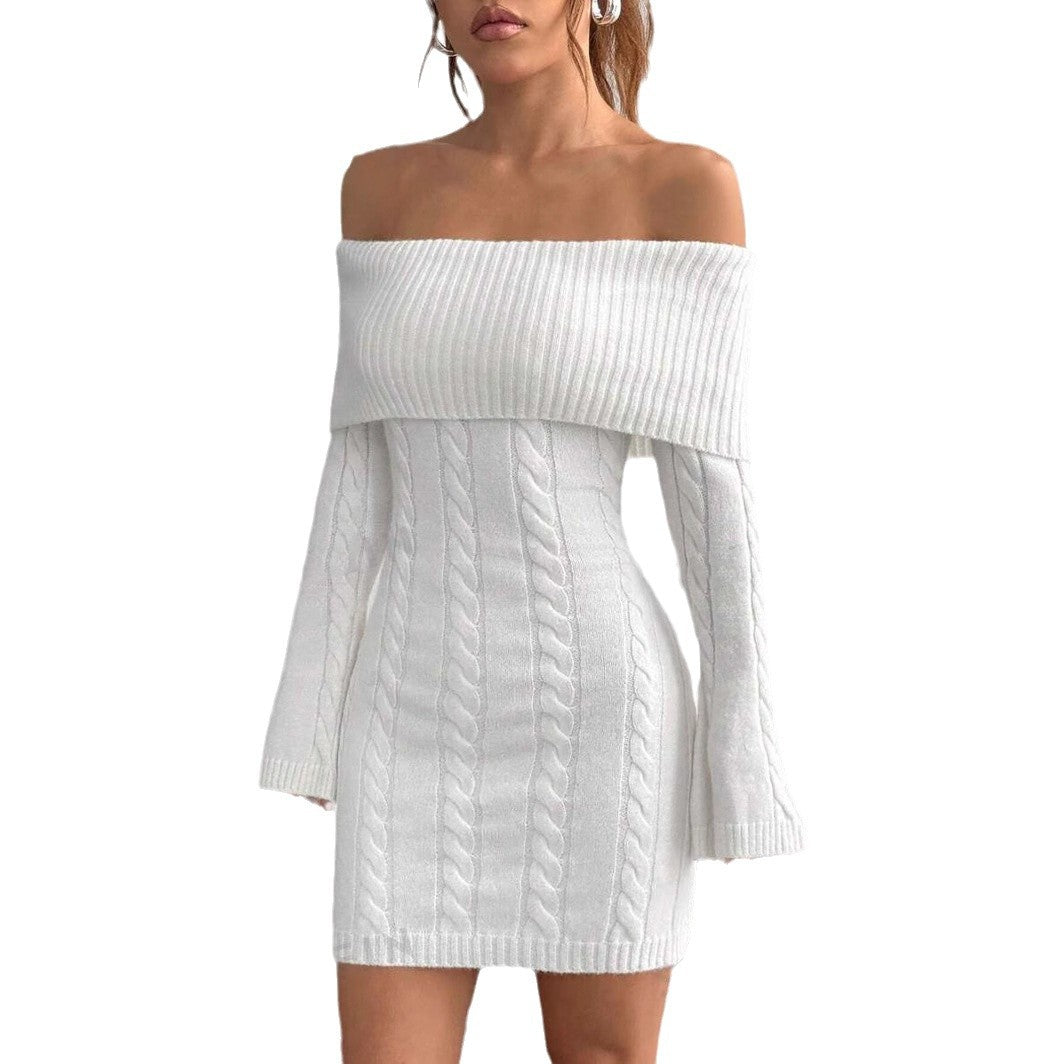 Women's Fitted Knitted Dress with Wide Neckline Lune London
