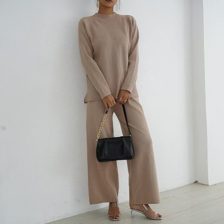 Elegant and casual knit loungewear set for women with high collar and wide legs Lune London