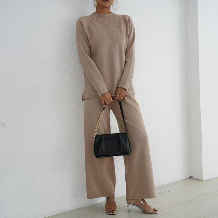 Elegant and casual knit loungewear set for women with high collar and wide legs Lune London