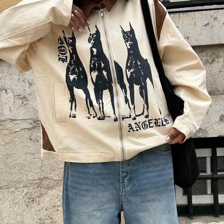 Streetwear jacket for women with a unique dog print and casual cuts Lune London