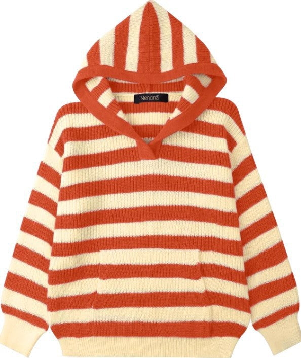 Ladies Comfortable Knitted Sweater with Hood and Striped Pattern Lune London