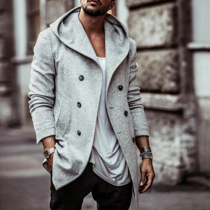 Elegant men's hoodie coat with double row of buttons and wide collar Lune London