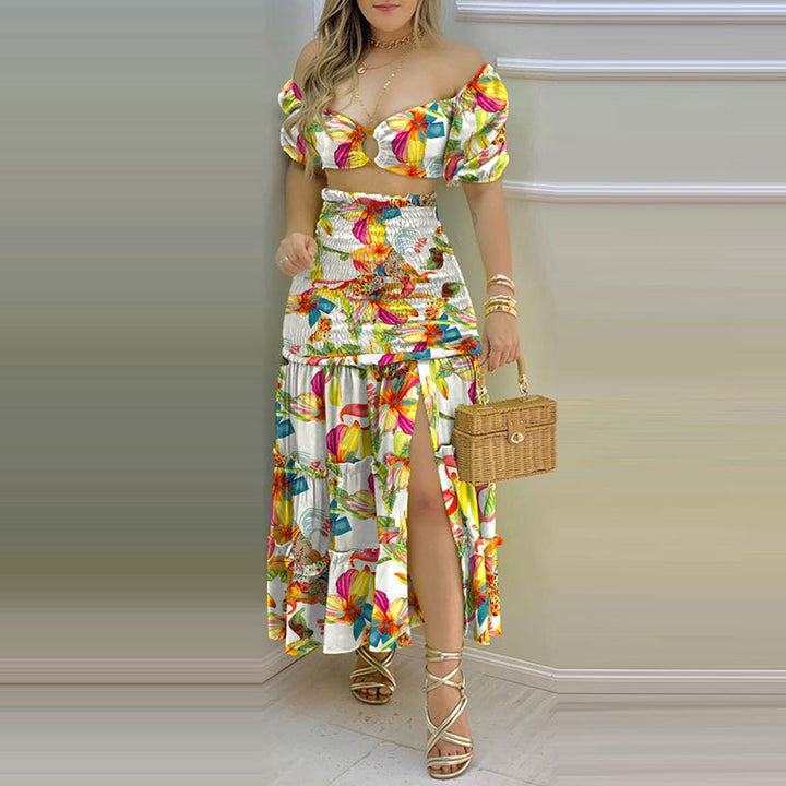 Robe d'été deux pièces pour femmes en tissu froissé avec manches bouffantes et fente haute Chic & Stil