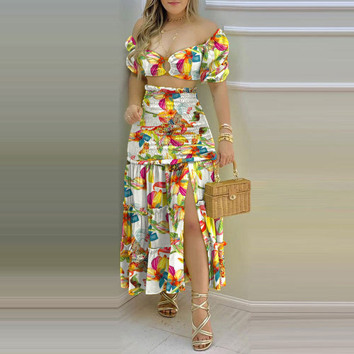 Robe d'été deux pièces pour femmes en tissu froissé avec manches bouffantes et fente haute Chic & Stil