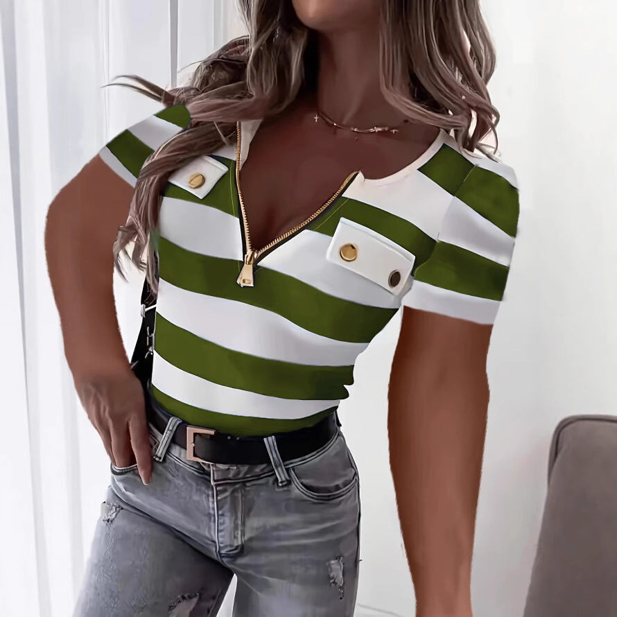 Women Short Sleeve Top with Zipper and Pockets Lune London