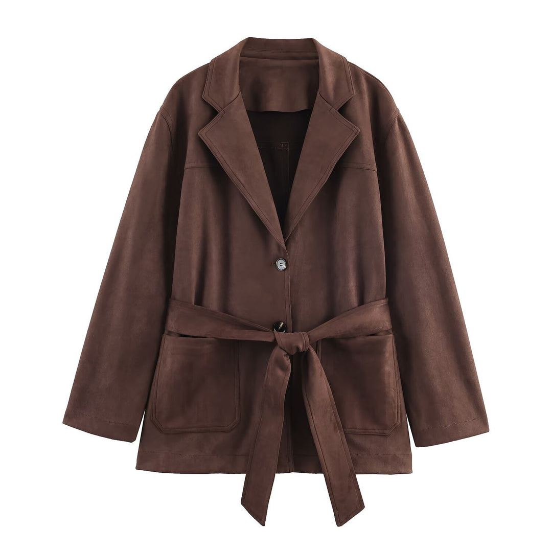 Lune London women's elegant blazer jacket in faux leather with belt at the waist