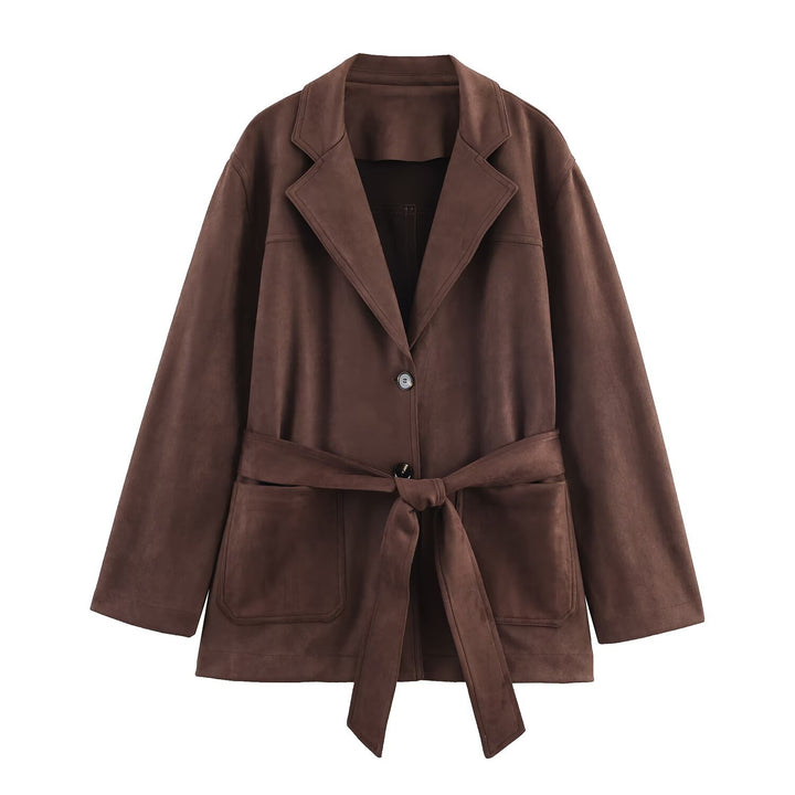 Lune London women's elegant blazer jacket in faux leather with belt at the waist
