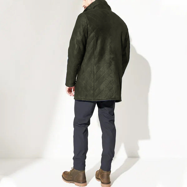 Long quilted coat for men with faux fur collar and practical pockets Lune London