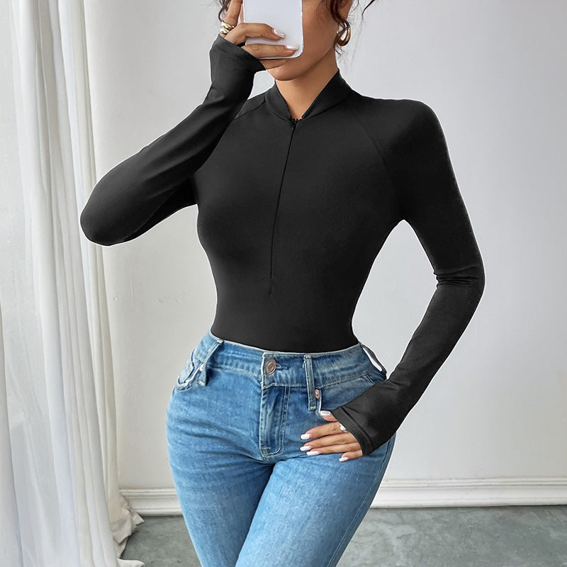 Ladies long sleeve bodys with an attractive V neckline and a chic zipper closure