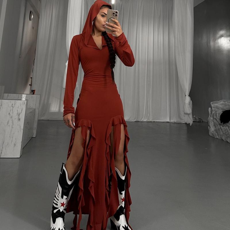 Maxi dress with long sleeves for women with hood and ruffle details Lune London