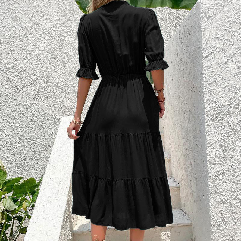 Fluid maxi dress for women with belt and ruffles Lune London