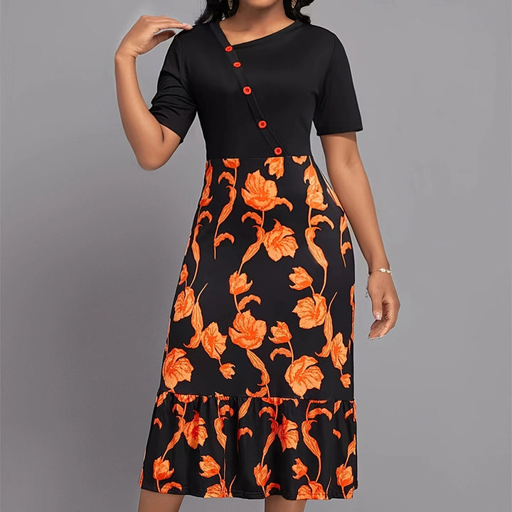 Ladies Elegant Dress with Floral Pattern and Lune London Button Details