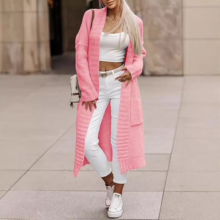 Ladies Long knitted cardigan with open pockets and textured surface Lune London