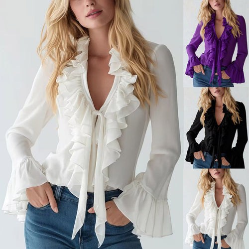 Ladies Elegant Top with Ruffles and Deep V-Neck Lune London