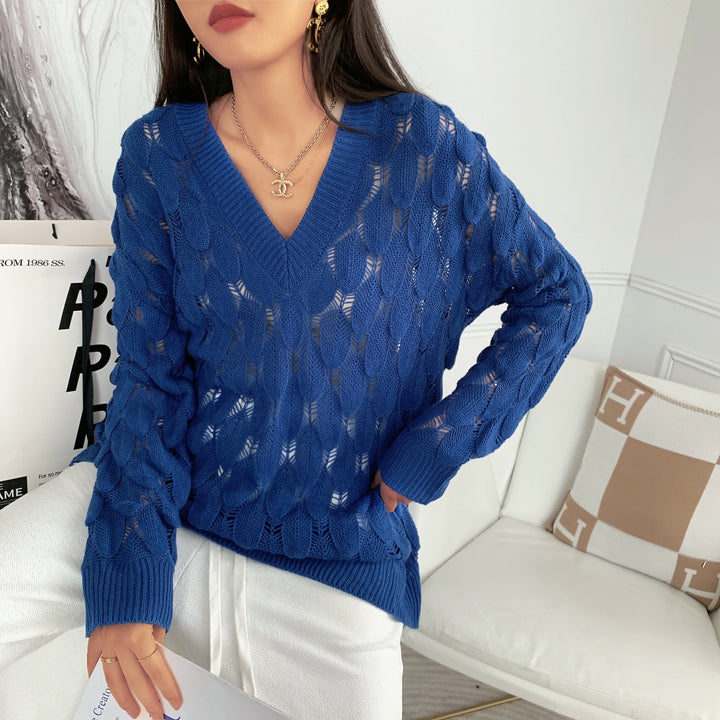 Ladies lightweight knit V-neck sweater with transparent hole pattern Lune London